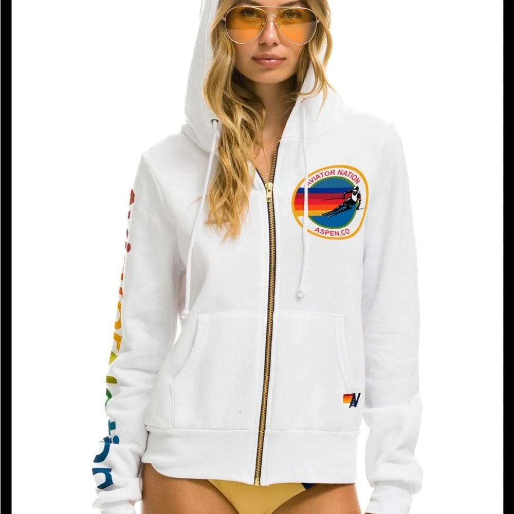 Aviator Nation White Hoodie with Rainbow Accents